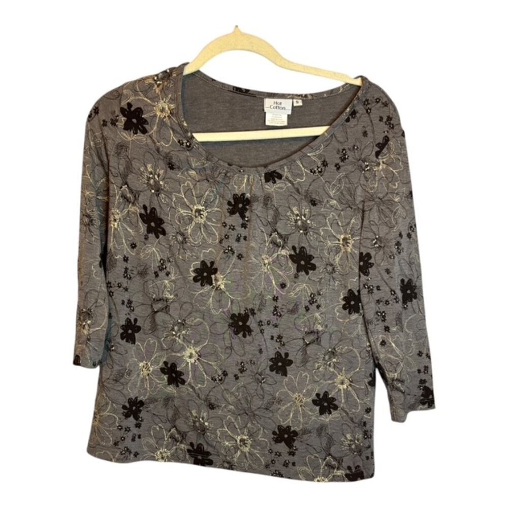 Hot‎ Cotton Blouse Women's Size Small Floral Gray Purple